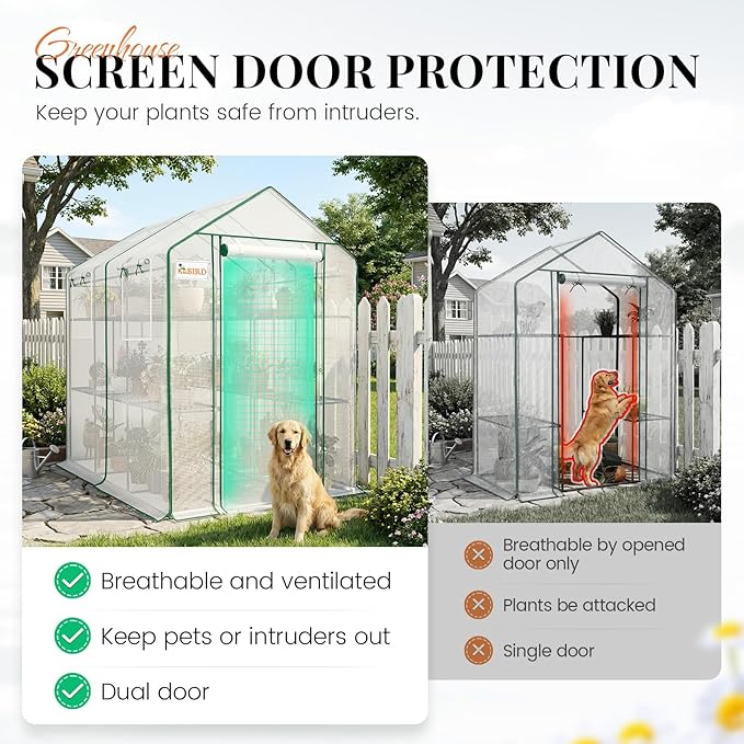 KING BIRD Premium Greenhouse for Outdoors, 84x56x77 Upgraded PVC Cover & Heavy Duty Steel Frame Walk-in Portable Green House for Outside Garden, Screen Windows & Mesh Door, 3 Tiers 14 Shelves, White