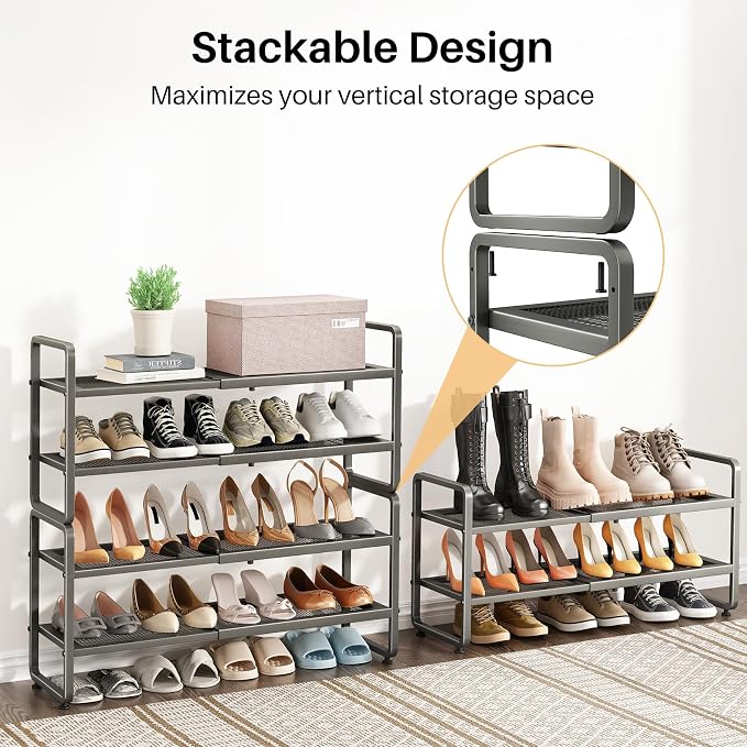 SNTD Expandable Metal Shoe Rack for Closet, Entryway & Garage, 2-Tier, Grey