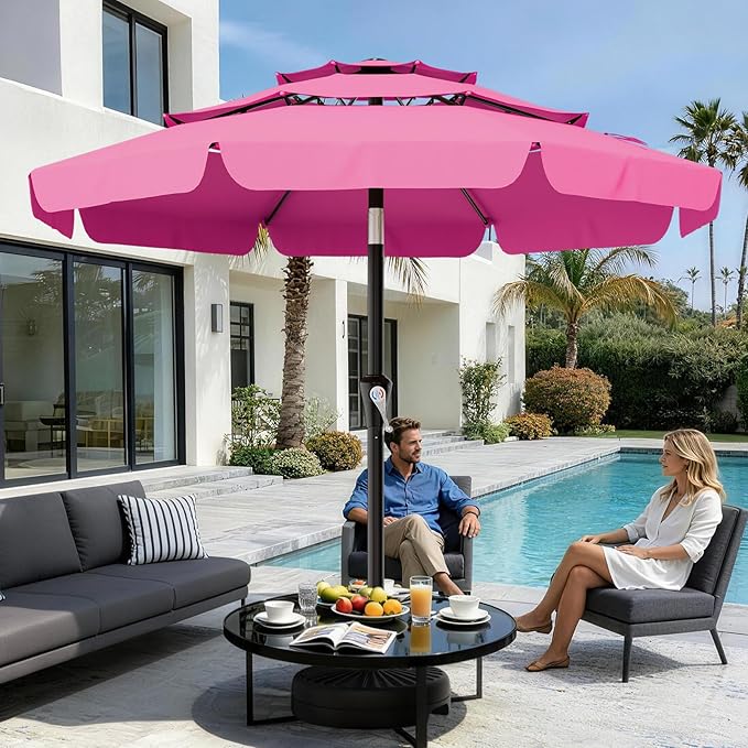 AreShark 9FT 3-Tiers Patio Umbrella with Valance, Outdoor Umbrellas with Crank/Tilt, Table Market Umbrella Vented w/ 8 Sturdy Ribs for Garden, Deck, Backyard, and Pool, Rose Pink