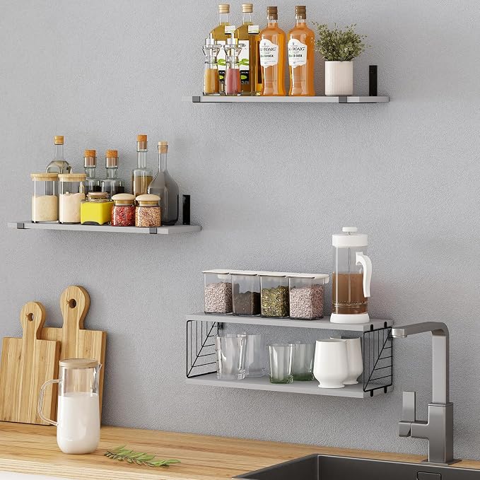 Fixwal 3+1 Tier Bathroom Floating Shelves Over Toilet, Gray | Gray Wood Shelf Set with Toilet Paper Storage Basket, Natural Finish, 40Lb Weight Limit, Quick Mount, Versatile