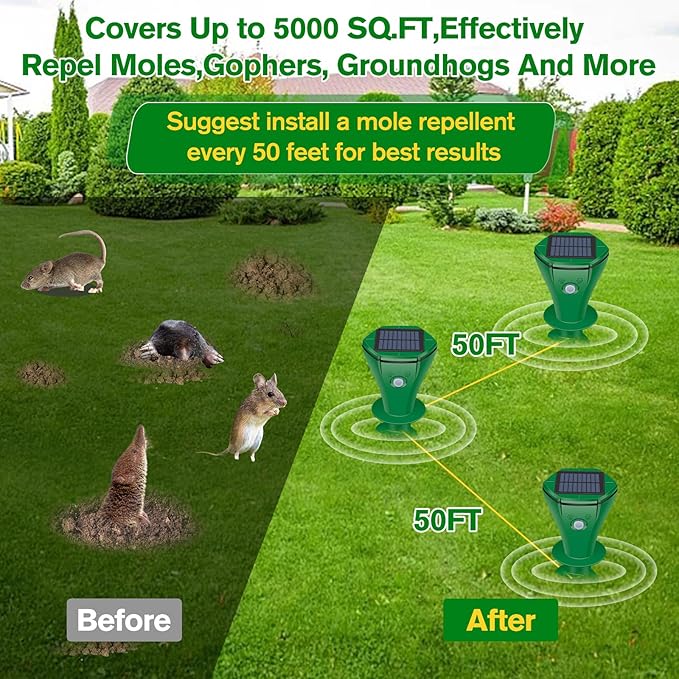 Mole Repellent Solar Powered, 2 Pack Ultrasonic Gopher Repeller IP65 Waterproof for Lawn Garden Yard, Sonic Vole Repellent Mole Killer Outdoor Get Rid of Snake Groundhog Chipmunk Squirrels-Dark Green