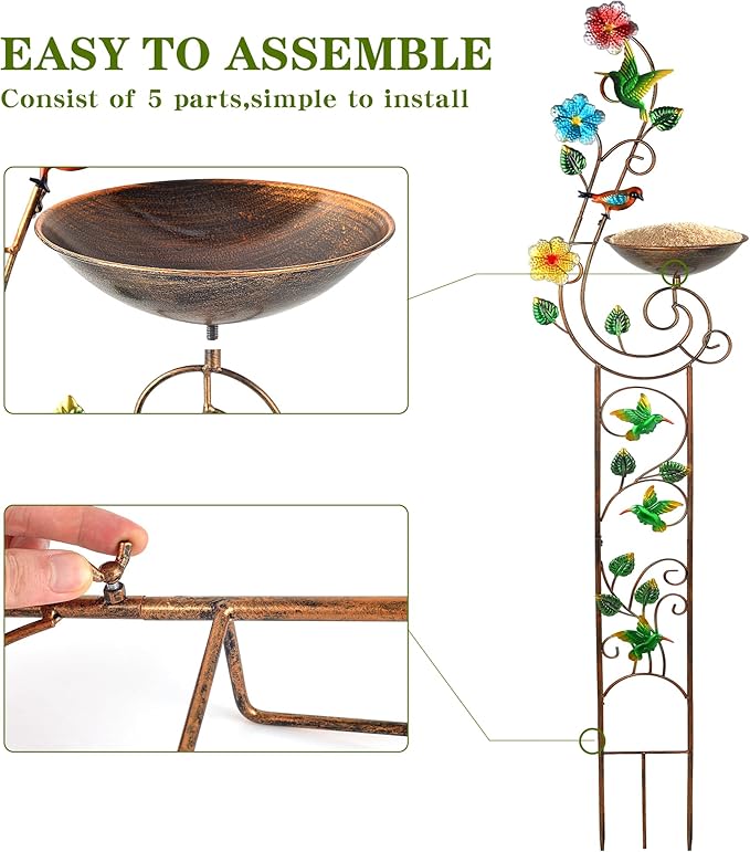 YADOOLIFE 57” Bird Bath with Garden Trellis for Climbing Plants Outdoor, Small Decorative Trellises Metal Birdbath Bird Baths, 1 Piece (Hummingbird)