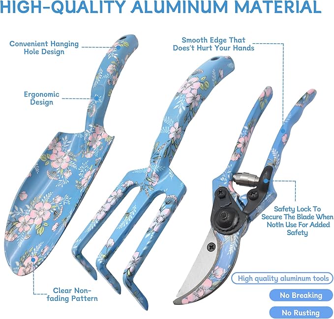 Garden Tool Set, 3 Piece Floral Gardening Tools for Women, Aluminum Gardening Hand Tools with Trowel, Hand Rake & Pruning Shears, Ergonomic Garden Tools for Indoor Outdoor Gardening