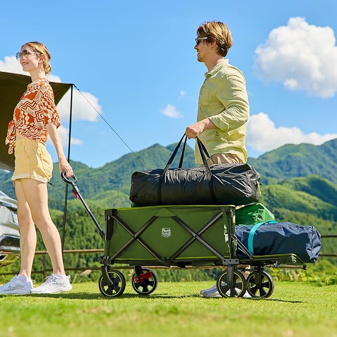 TIMBER RIDGE 49" Extra Long Collapsible Folding Wagon with Tailgate and Brakes, 300lbs Heavy Duty Wagon Carts Foldable, 250L Capacity Portable Cart for Dogs, Garden, Outdoor Camping Sports, Green