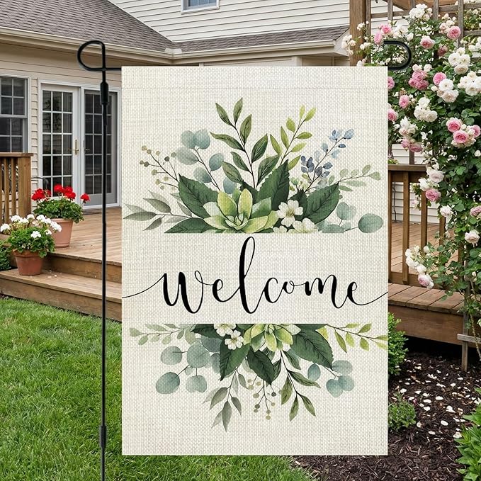 CROWNED BEAUTY Spring Floral Welcome Garden Flag 12×18 Inch Double Sided for Outside Eucalyptus Small Burlap Seasonal Yard Flag