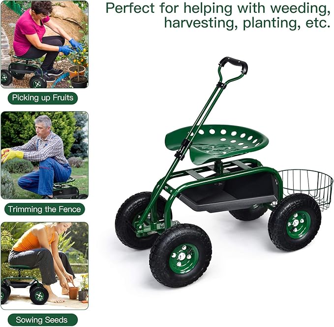 Giantex Rolling Garden Cart with Seat, 4-Wheel Gardening Workseat with Storage Basket, Swivel Stool Adjustable Seat, Steering Handle, Garden Utility Cart, Steel Frame (Green)