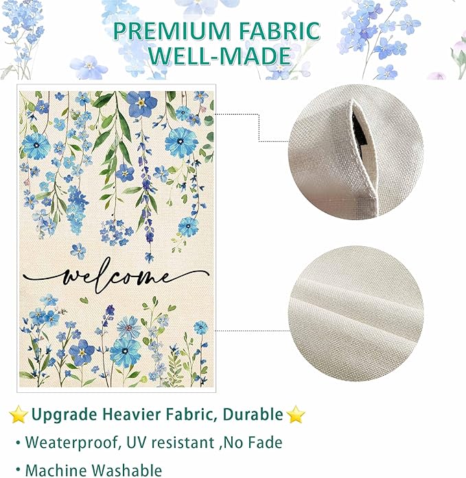 Baccessor Summer Welcome House Flag 28 x 40 Inch Funny Blue Floral Spring Garden Yard Flag Burlap Double Sided Vertical Seasonal Farmhouse Wedding Outdoor Decoration