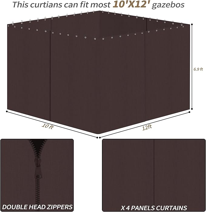 Gazebo Privacy Curtains 10' x 12' with Zipper 4-Panels Side Wall Universal Replacement for Patio, Outdoor Canopy, Garden and Backyard Coffee Brown(Curtain Only)