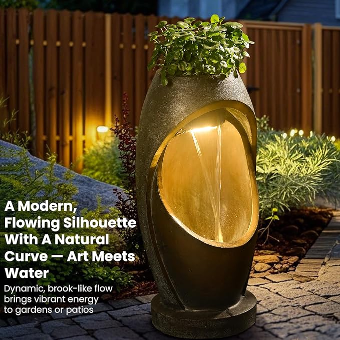 Tankana Waterfalll Water Fountain Outdoor Garden Patio Freestanding Fountains Water Feature with LED Lights, Planter Groove and Oval Cutout Design for Backyard Deck Porch Home Decor, Brown