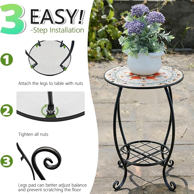 Arbuxzuy 2pcs Small Outdoor Side Table with Colorful Flowers, Glass Mosaic Patio Table Indoor, Round Plant Coffee Table for Living Room, Balcony, Garden（Pink Flowers Style）
