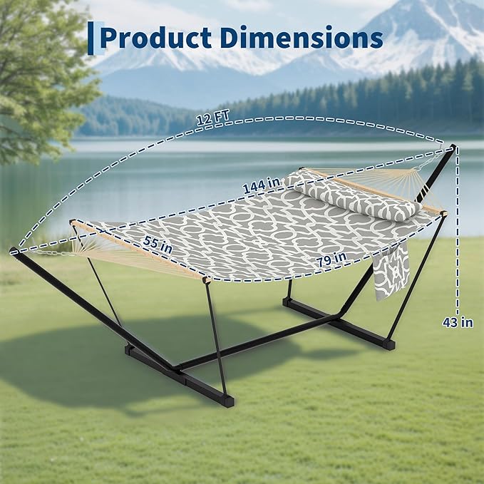 Garvee Double Hammock with Stand for Outdoor, Heavy Duty Portable 2 Person Hammock with Adjustable Steel Stand for Patio, Garden, Beach, Backyard