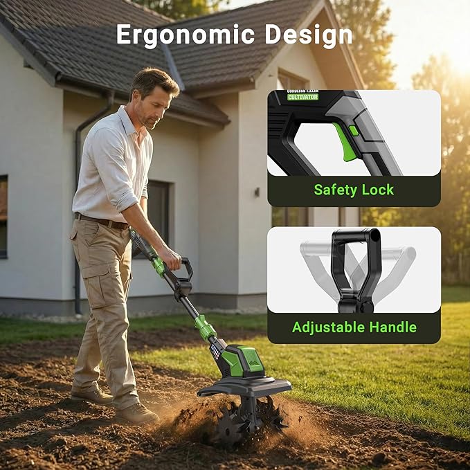 20V Cordless Tiller for Gardening, Electric Garden Tiller with 2 * 2.0Ah Batteries, 9" Width, 6.6" Depth, Lightweight 360RPM, 48 Steel Tines Mini Rototiller for Weeding, Gardening & Soil Cultivation
