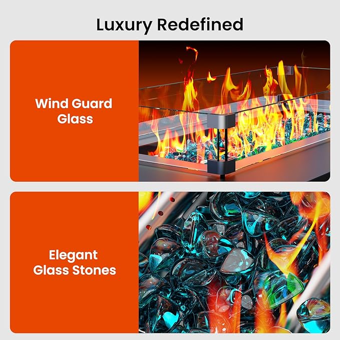 AMADA HOMEFURNISHING 43 Inch Propane Fire Pit Table, 60,000 BTU Gas Fire Pit with Premium Glass Rocks, Wind Guard Glass Shield, Waterproof Cover, Cup Holders, Fire Table for Patio and Garden