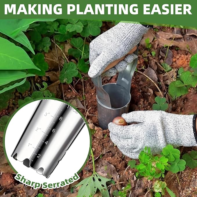 Lothee 3 Pcs Bulb Planter Tool Set with Depth Markers Non Bending Steel Bulb Planter Digger Garden Transplanter with Comfortable Wood Handle for Planting Tulips Dahlias and Lilies