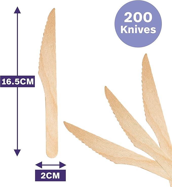 MATANA - 100% Natural Disposable Bamboo Wooden Knives 6.5" Inch (200 Pack) - Compostable Cutlery, Biodegradable Utensils for Garden Parties & Summer Events