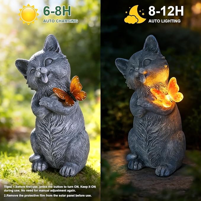 10 Inch Solar Cat Garden Statue with Butterfly LED Light - Unique Gifts for Mom Women Grandma, Sculpture Outdoor Decor for Patio, Porch, Yard, Lawn, Balcony
