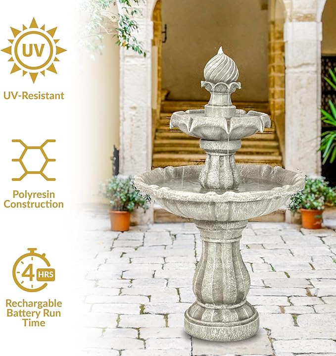 Sunnydaze 35" Solar 2-Tier Outdoor Water Fountain - Garden Water Feature with Battery Backup and Pump - White