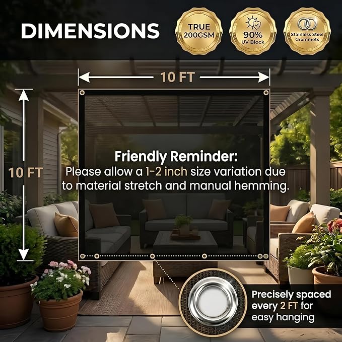 FAIR WIND 90% Sun Shade Cloth with Improved Grommets 10' x 10' Outdoor Sun Screen Fabric Cover for Patio Garden Outdoor Pergola Canopy - Grey