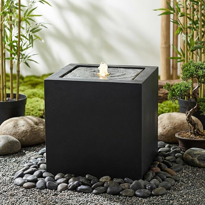 Sunnydaze Outdoor Water Fountain with LED Light - Modern Square Bubbler Water Feature with Pump - 17.5" H - for Patio, Garden, Deck, Relaxation and Stress Relief - Black