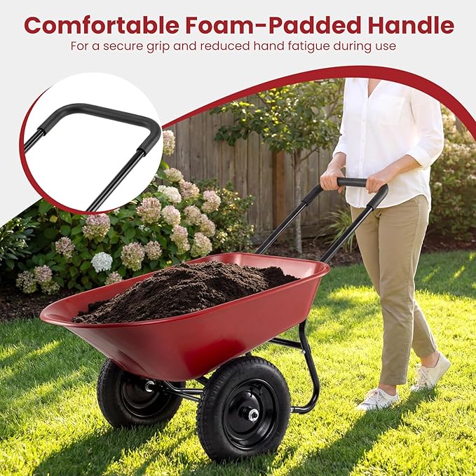 Enlarged Dual-Wheel Wheelbarrow, Easy Loading and Dumping Garden Cart, Heavy Duty Utility Dump Cart for Lawn, Yard, Farm, Gardening & Planting (Red)