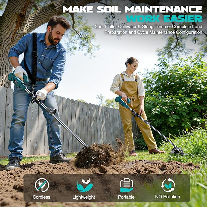 Cordless 2-in-1 Tiller Cultivator & Weed Wacker Compatible with Makita 18V Battery (Tool Only), 500RPM Electric Garden Tiller String Trimmer, 9" Tilling Width 9.4" Depth for Soil Lawn Cultivation