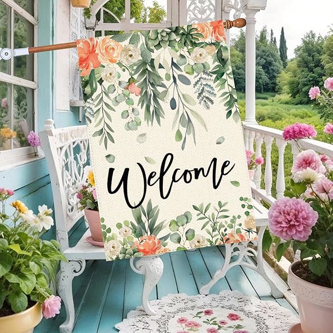 Summer Spring Eucalyptus Flowers Garden Flag 28 x 40 Inch Double Sided, Floral Farmhouse Burlap Large Yard House Flag Seasonal Holiday Outdoor Outside Decoration