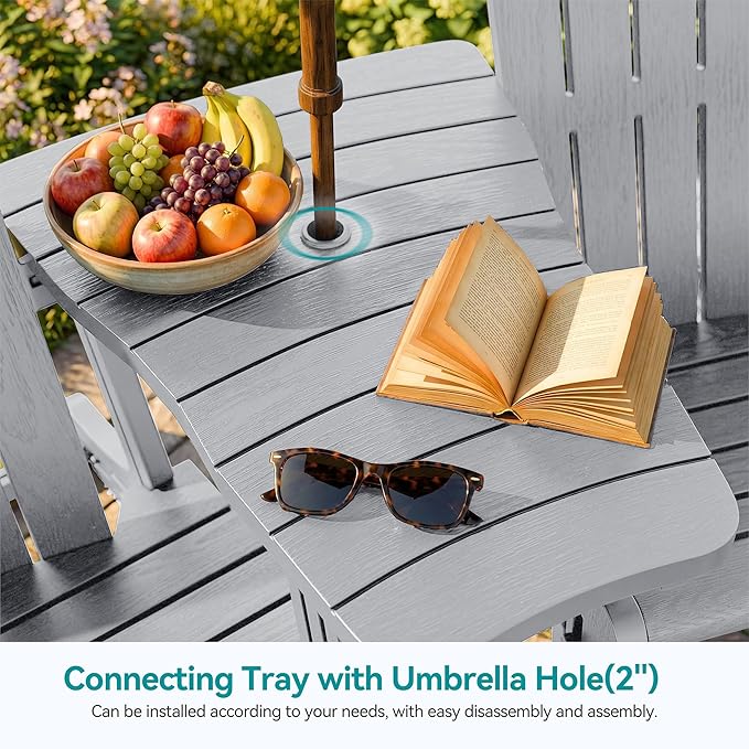 Vongrasig Adirondack Chairs Set of 2 with Removable Tabletop and Footrest, HDPE Plastic Outdoor Chair Set with Wooden Textured, Cup Holder for Patio, Poolside, Garden, Light Grey, 5 Pieces
