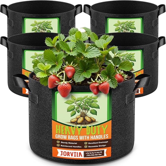 Jorvila 5 Pack 25 Gallon Grow Bags, Thickened Nonwoven Fabric Planter Pots with Handles, Heavy Duty 300G Garden Pots for Tomato, Potato and Vegetable