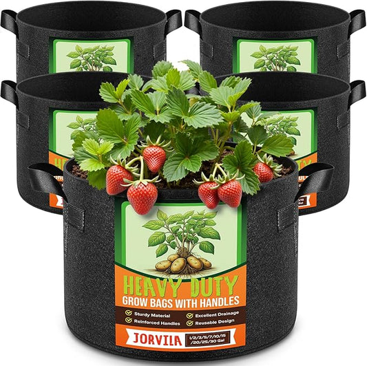 Jorvila 5 Pack 25 Gallon Grow Bags, Thickened Nonwoven Fabric Planter Pots with Handles, Heavy Duty 300G Garden Pots for Tomato, Potato and Vegetable