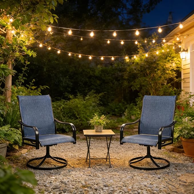 Kozyard Patio Swivel Dining Chairs Set of 2, 360 Swivel Rock Chairs Textilene High Back and Wrought Iron Frame for Poolside Backyard Deck Lawn Garden (NavyBlue, Swivel)