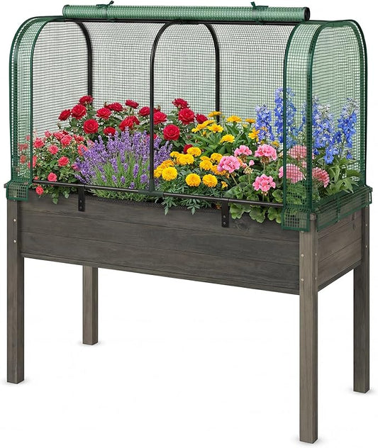 Giantex Raised Garden Bed with Cover, Wood Elevated Planter Box with Legs & Mini Greenhouse, Waterproof Sun-Protective PE Green House Cover, Outdoor Use for Fruit Vegetable Flower Herb (Green+Gray)