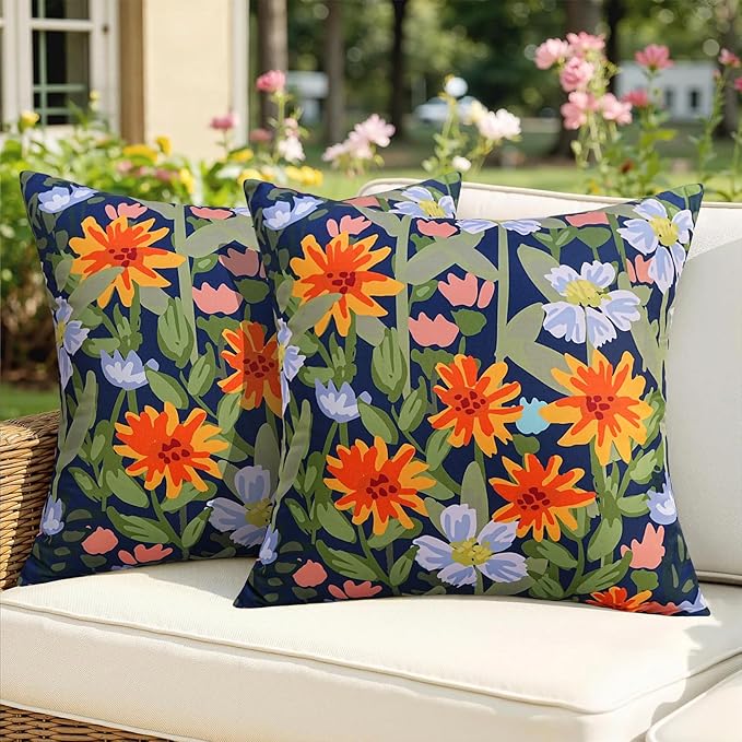 Pyonic Spring Summer Floral Outdoor Pillow Covers 18x18 inch Waterproof Throw Pillow Covers Outdoor Pillows for Patio Furniture Garden Bench Porch,Navy