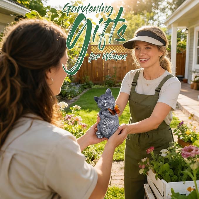 10 Inch Solar Cat Garden Statue with Butterfly LED Light - Unique Gifts for Mom Women Grandma, Sculpture Outdoor Decor for Patio, Porch, Yard, Lawn, Balcony