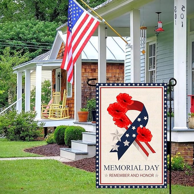 Memorial Day Garden Flag 12x18 Inch Double Sided Outside Remember and Honor Patriotic Flag for Stars and Stripes Ribbon Poppy for Veteran 4th of July Independence Day Yard Outdoor Decoration
