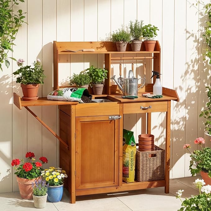 OOOK Potting Bench, Nordic Scots Pine Potting Table with Sink and Storage Shelves, Garden Bench, Workstation for Outside Patio Lawn, Wooden Garden Work Station