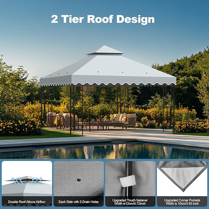10x10 Double Tiered Gazebo Replacement Canopy, Upgraded 300D Polyester Heavy Duty Canopy Cover Top with Air Vent, Waterproof Gazebo Cover Roof for Outdoor Patio Garden(Grey, Wavy Edge)