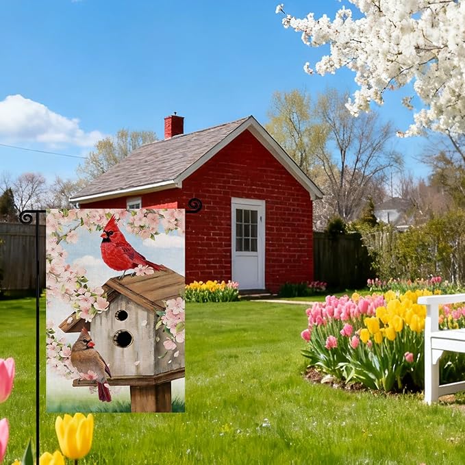 Spring Cardinal Bird Garden Flag 12x18 Inch Double Sided Burlap for Outdoor Party Pink Flowers Tree Summer Holiday Farmhouse Decor