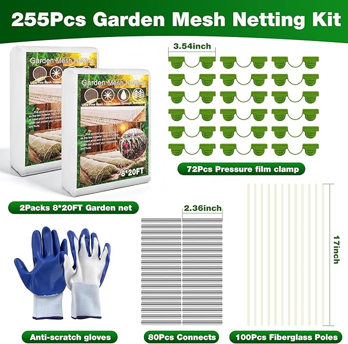 Garden Mesh Netting Kit, 2 Pieces 8x20FT Garden Netting, 100 Garden Hoops 80 Connectors 72 Clips 1 Pair Gloves, Protection for Plant Vegetable Fruits Flowers Greenhouse (White 8 * 20ft)