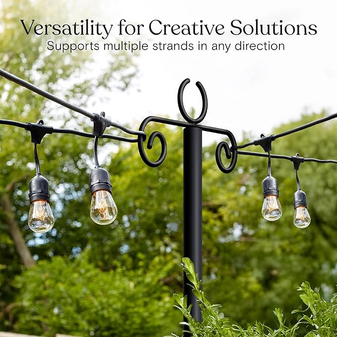 Brightech 2-Pack 10FT String Light Poles for Outdoor Use, Heavy Duty Metal Poles with Fork Base for Hanging Patio Lights, Adjustable for Garden, Backyard, Porch, or Fence Lighting Decor