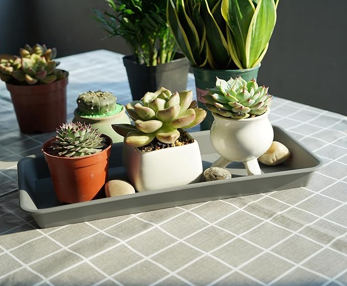 VUWEZ 4 Pack Plastic Plant Trays - Rectangular 17 18 inch, Indoor/Outdoor Plant Water Drip Trays for Flower Pot Planter, Windowsill (7.8 x 17.5'', Gray)