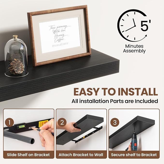 Acovy 40 Inch Floating Shelves for Wall 2 Pack, 40" Wall Shelves for Books, Storage, Decor, Wall Mounted Floating Shelf with Invisible Brackets for Kitchen, Living Room, Black