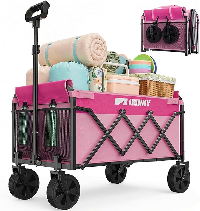 Pink Collapsible Wagon Cart, Lightweight Folding Utility Cart with Wheels, 220lbs Capacity Portable Grocery Cart for Sporting Events, Garden, Shopping (Pink)