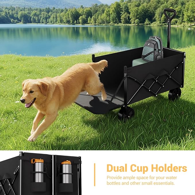Lightweight Folding Wagon with Extended Tailgate, Large Capacity Collapsible Grocery Cart, Heavy Duty Foldable Shopping Carts, All-Terrain Outdoor Utility Carts for Camping, Sports, Garden, 4.5 Cu Ft
