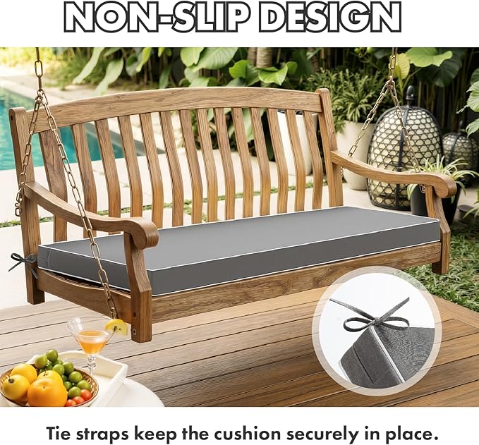 MIULEE Dark Grey Outdoor Bench Cushion 59x18x3 Inch Waterproof 3-Year Color Fastness Patio Furniture Cushions for Porch Swing, Garden Bench Sofa Couch with Adjustable Ties No Slip Design