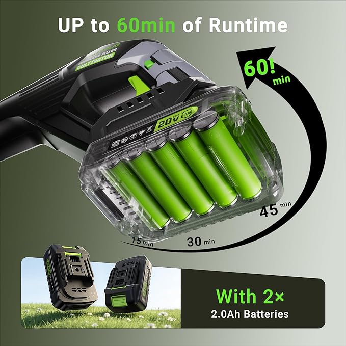 20V Cordless Tiller for Gardening, Electric Garden Tiller with 2 * 2.0Ah Batteries, 9" Width, 6.6" Depth, Lightweight 360RPM, 48 Steel Tines Mini Rototiller for Weeding, Gardening & Soil Cultivation
