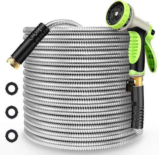 Metal Garden Hose 25FT Stainless Steel Heavy Duty Flexible Lightweight Water Hoses Pipe with 10-Function Spray Nozzle and 3/4" Solid Brass Fittings No Kink Durable for Outdoor Yard & Lawn