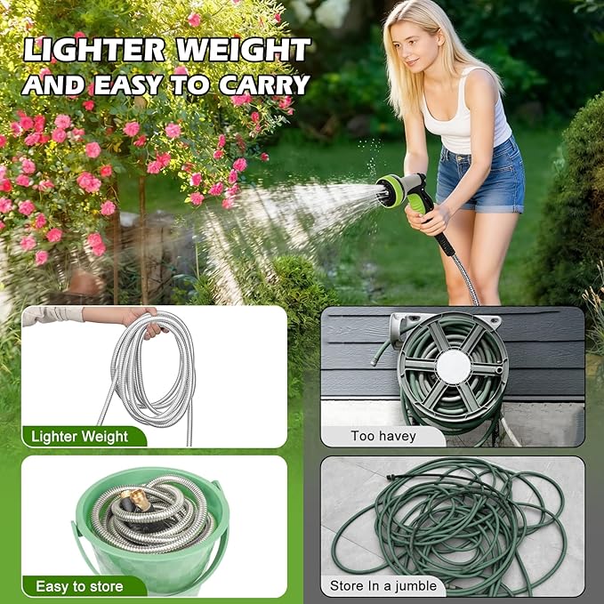 Metal Garden Hose 75 ft Stainless Steel Heavy Duty Water Hose with 10 Function Nozzles Flexible Lightweight Kink-Free Leakproof Sturdy Hoses Pipe 3/4" Brass Fitting for Outdoor Yard Lawn RV