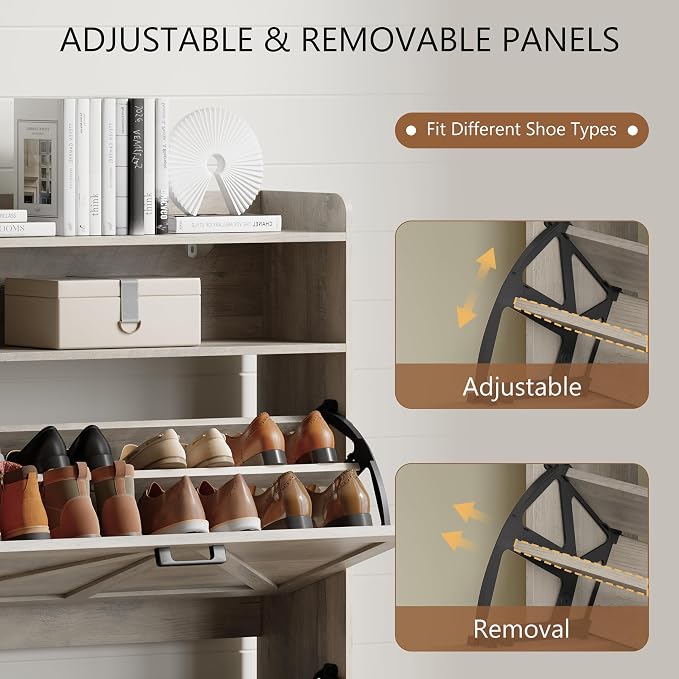 Xixini Shoe Storage Cabinet with 2 Flip Drawers, Entryway Shoe Rack, Grey