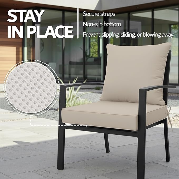 19x19 Inch Patio Chair Cushions Set of 2, Outdoor Furniture Cushions - Removable Cover, Water-Repellent, Fade-Resistant, Non-Slip Bottom & Straps, Replacement for Lawn, Porch & Deck Chair - Cream