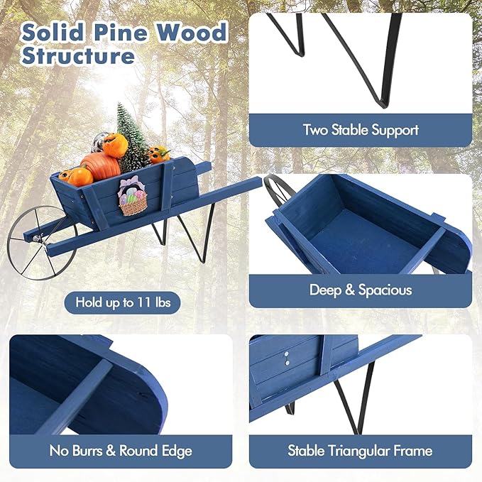 HAPPYGRILL Wooden Wagon Planter, Small Flower Planter Box w/Triangular Metal Support, 2 Energy-Saving Handles, Movable Wheel, Wood Wheelbarrow Cart Pot for Garden Backyard Holiday (Blue)